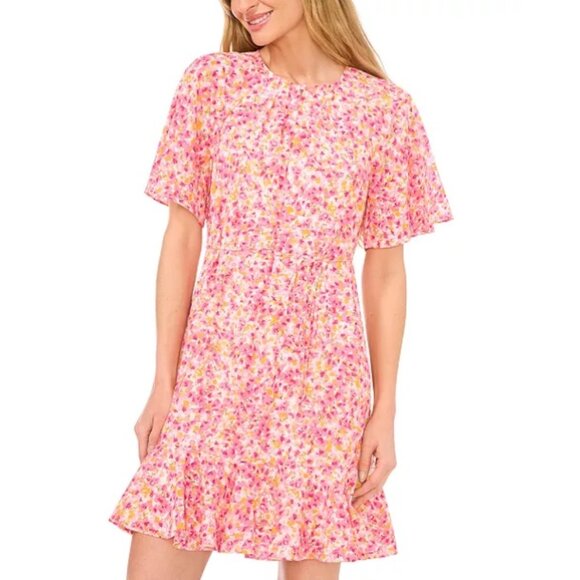 NWT CeCe Spring Breakers Pink Floral Flutter Sleeve Skater Tie Waist Dress XL - Picture 3 of 16